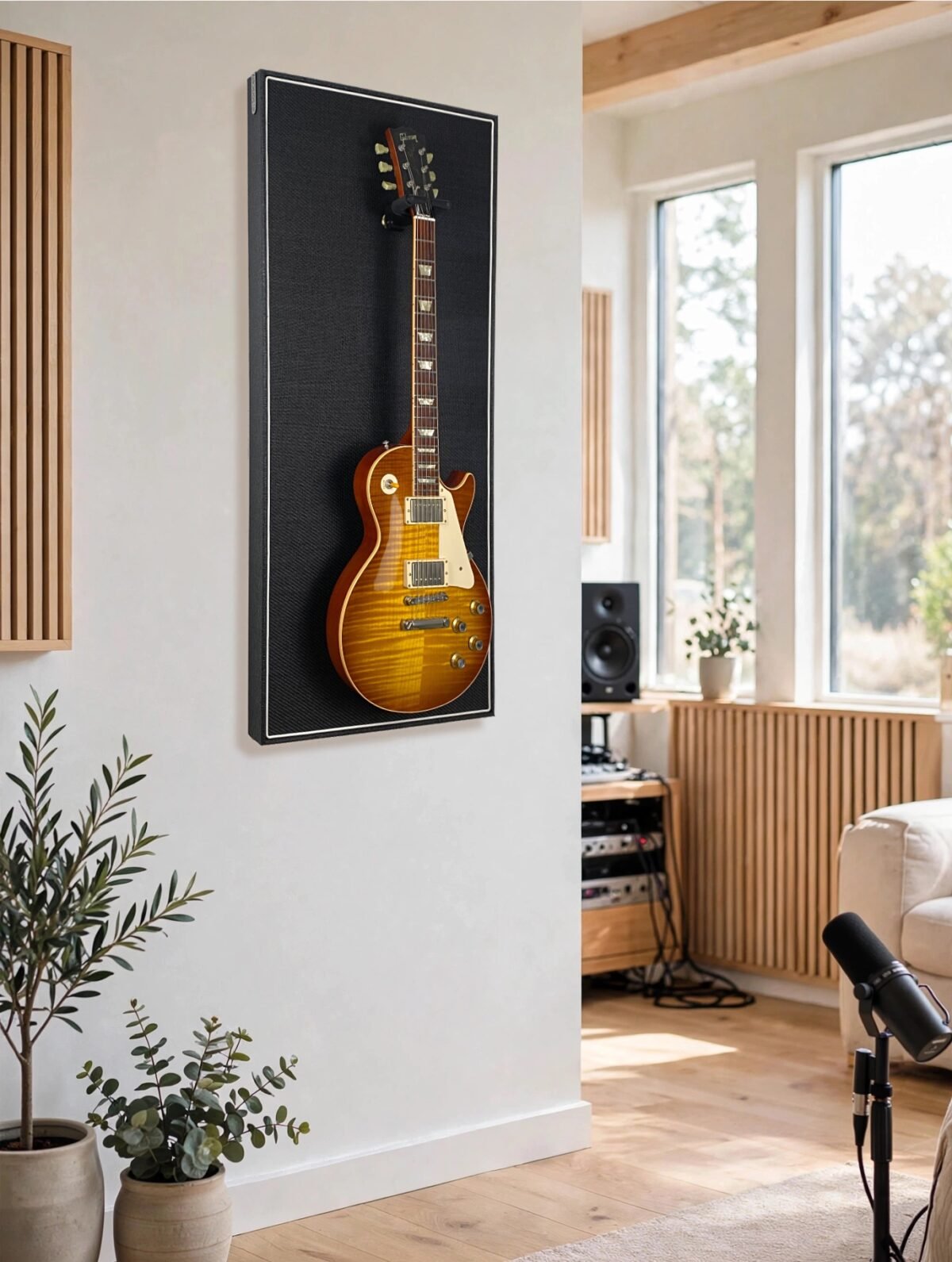 Akoestisch paneel aan muur met gitaar aan haak