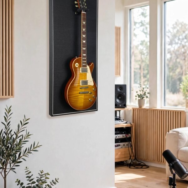 Akoestisch paneel aan muur met gitaar aan haak