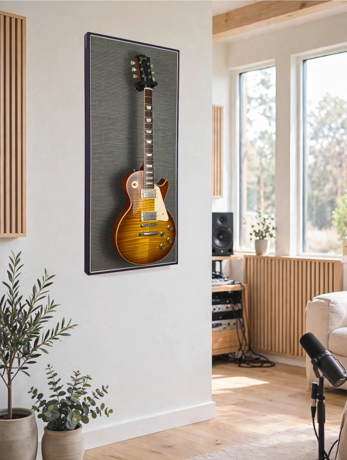 Akoestisch paneel aan muur met gitaar aan haak