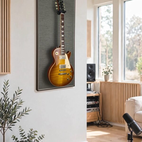 Akoestisch paneel aan muur met gitaar aan haak