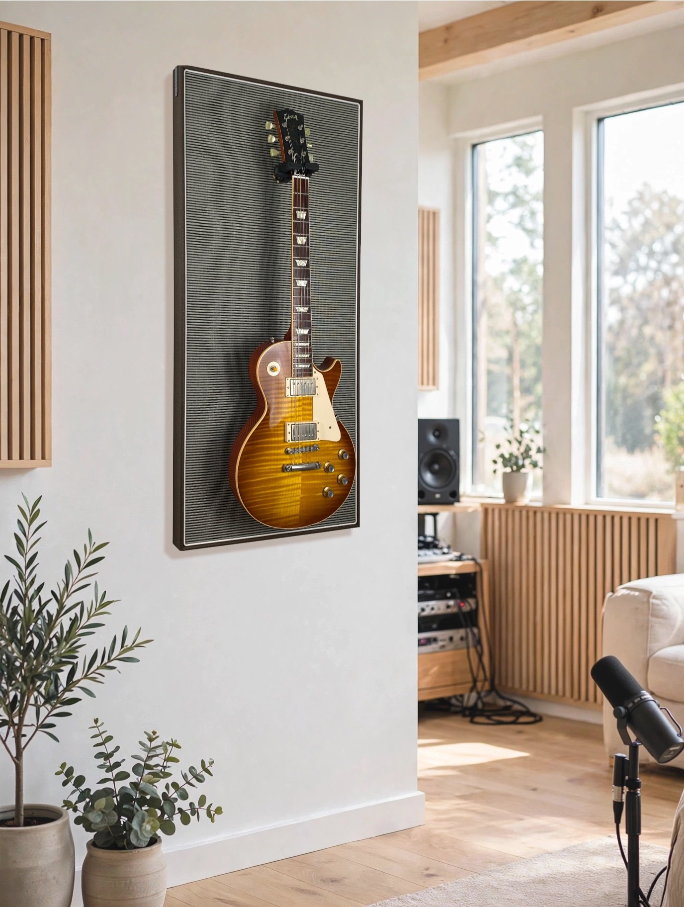 Akoestisch paneel aan muur met gitaar aan haak
