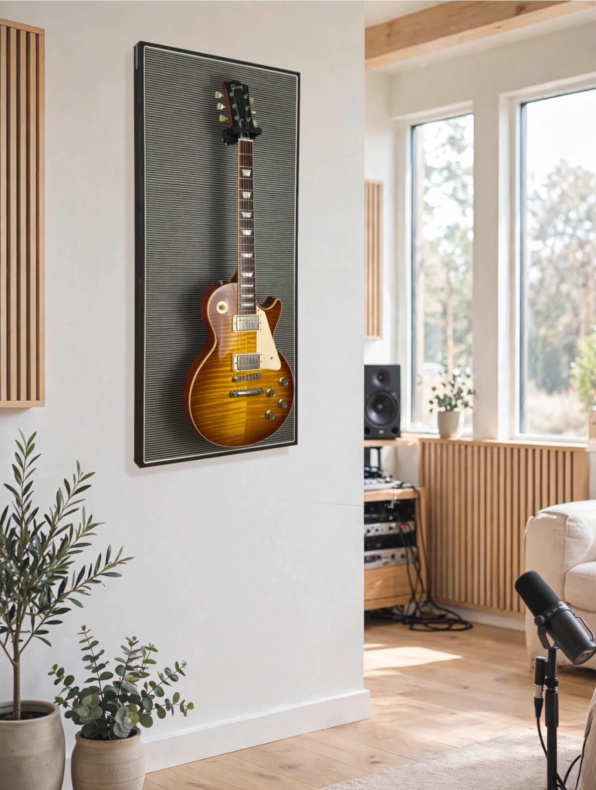 Akoestisch paneel aan muur met gitaar aan haak