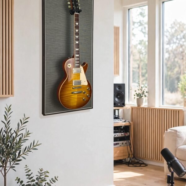 Akoestisch paneel aan muur met gitaar aan haak