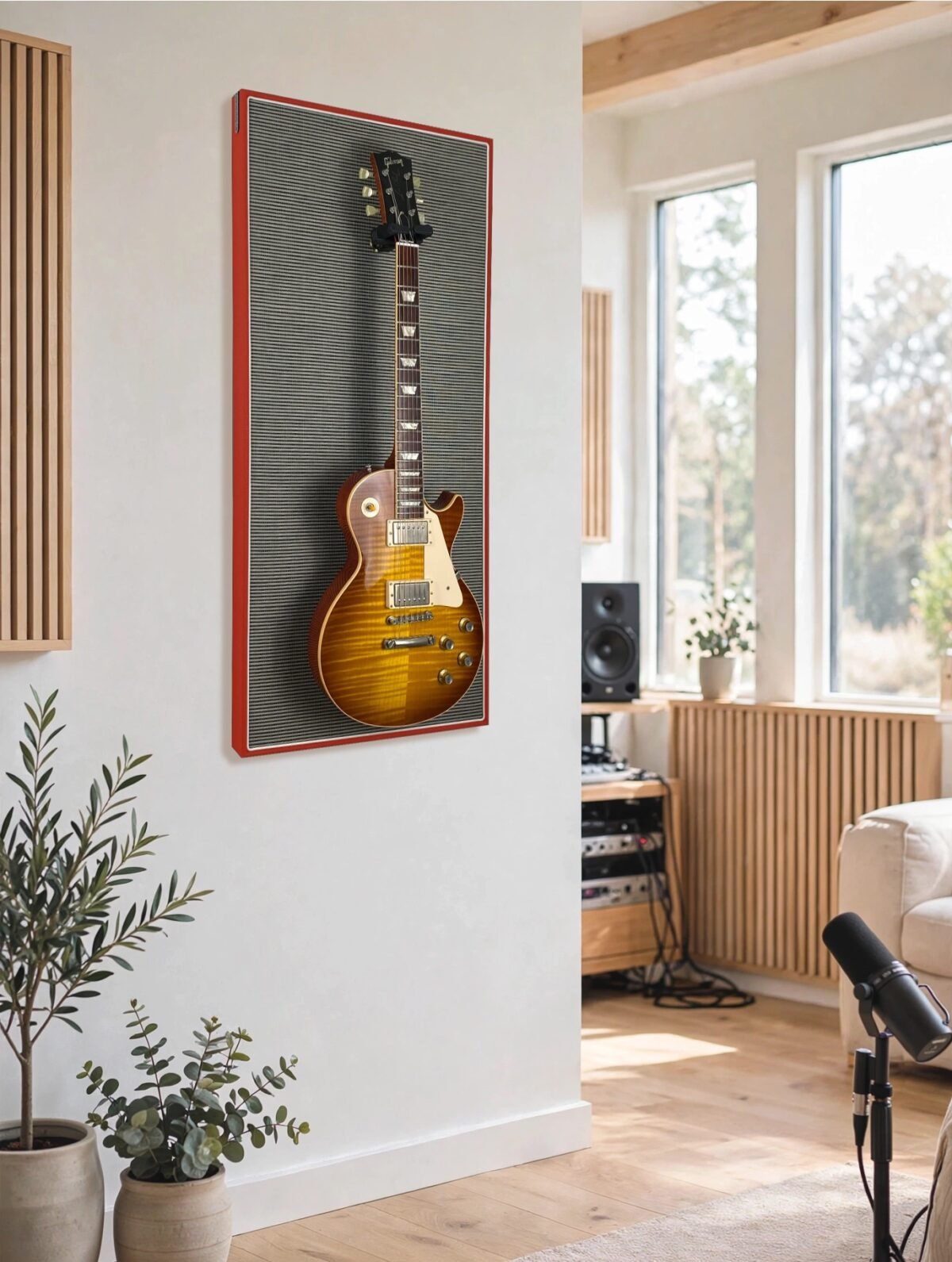 Akoestisch paneel aan muur met gitaar aan haak