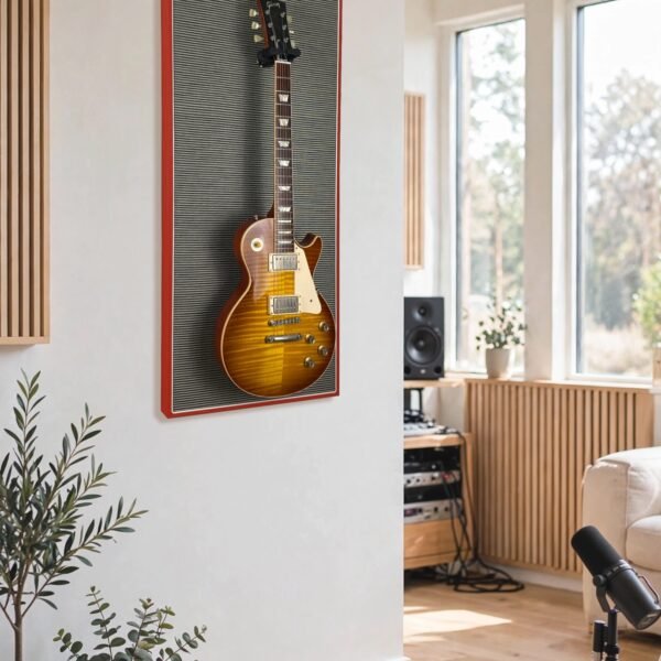 Akoestisch paneel aan muur met gitaar aan haak