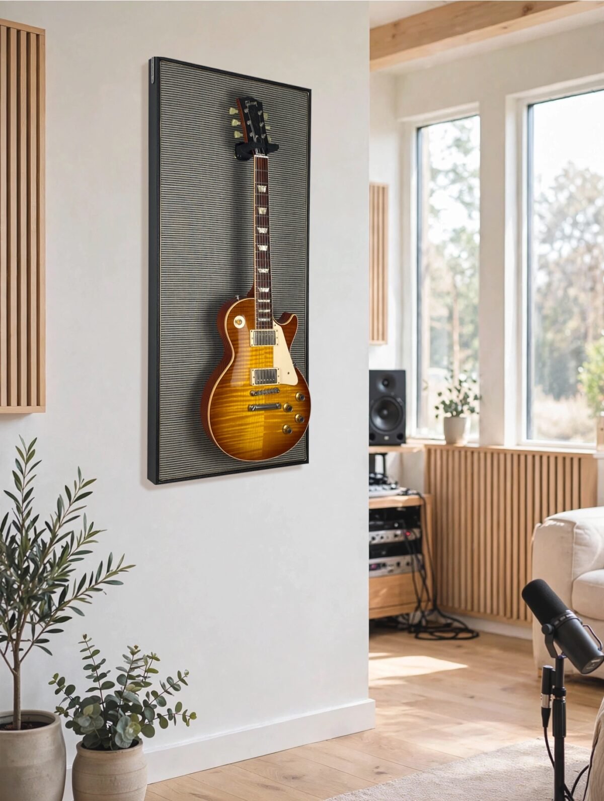 Akoestisch paneel aan muur met gitaar aan haak