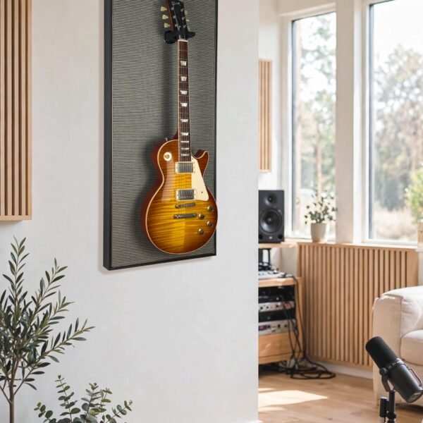 Akoestisch paneel aan muur met gitaar aan haak