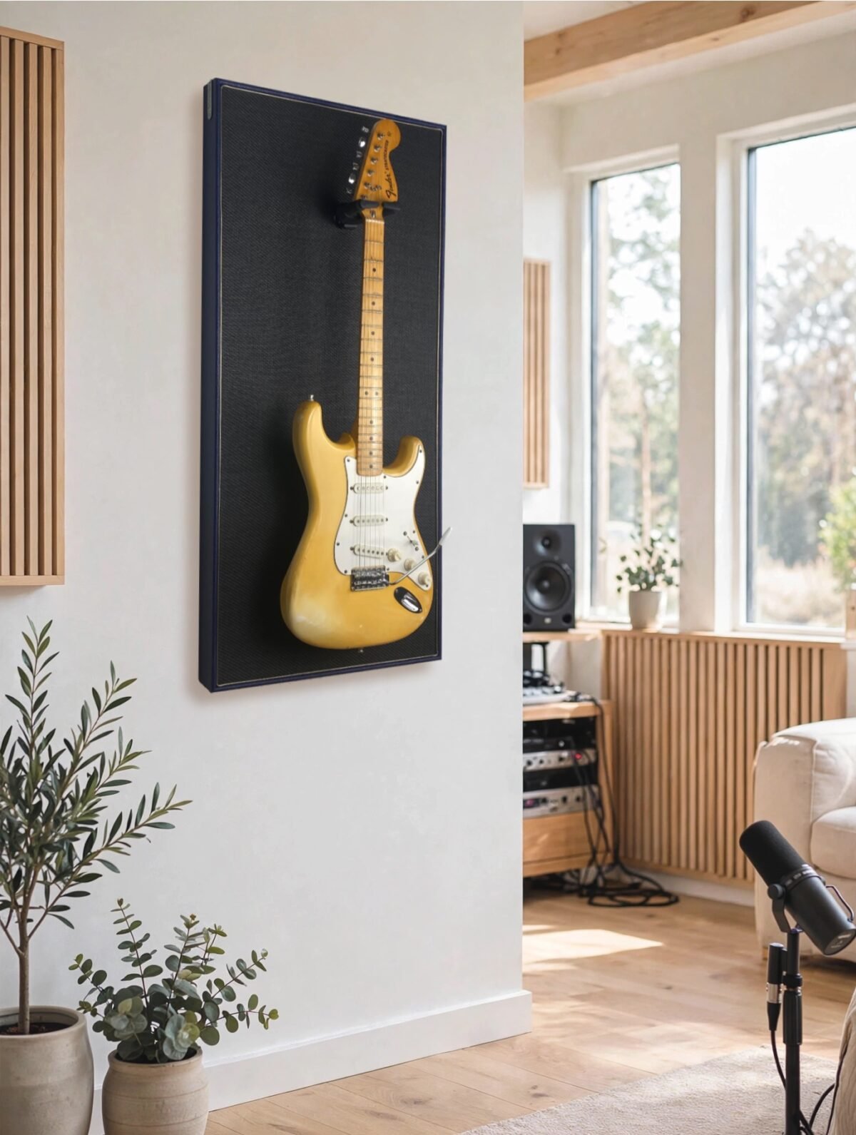 Akoestisch paneel aan muur met gitaar aan haak