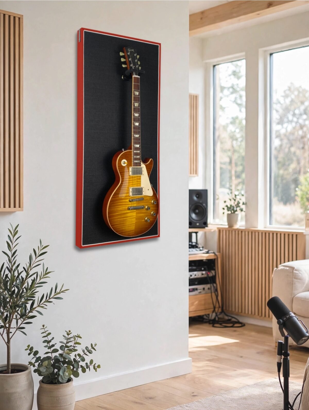 Gitaar aan akoestisch wandpaneel rood met zwart in studio