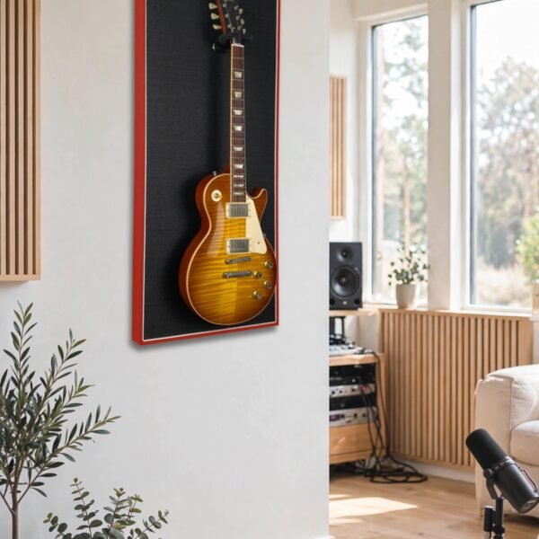 Gitaar aan akoestisch wandpaneel rood met zwart in studio