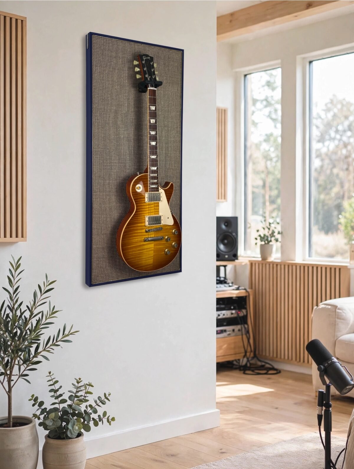 gitaar aan akoestisch wandpaneel in studio