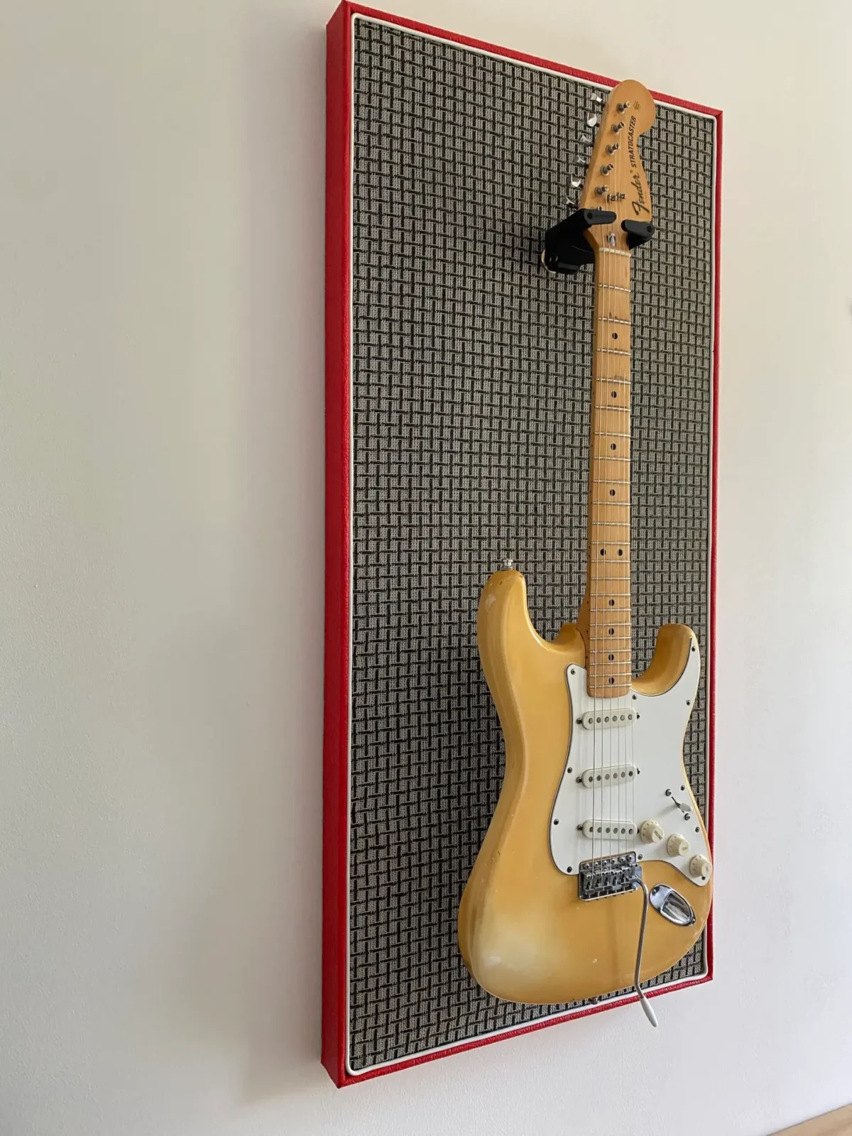 Gitaar aan haak op akoestisch paneel