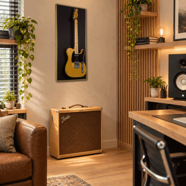 oxblood tweed room Akoestisch paneel met gitaar in woonkamer