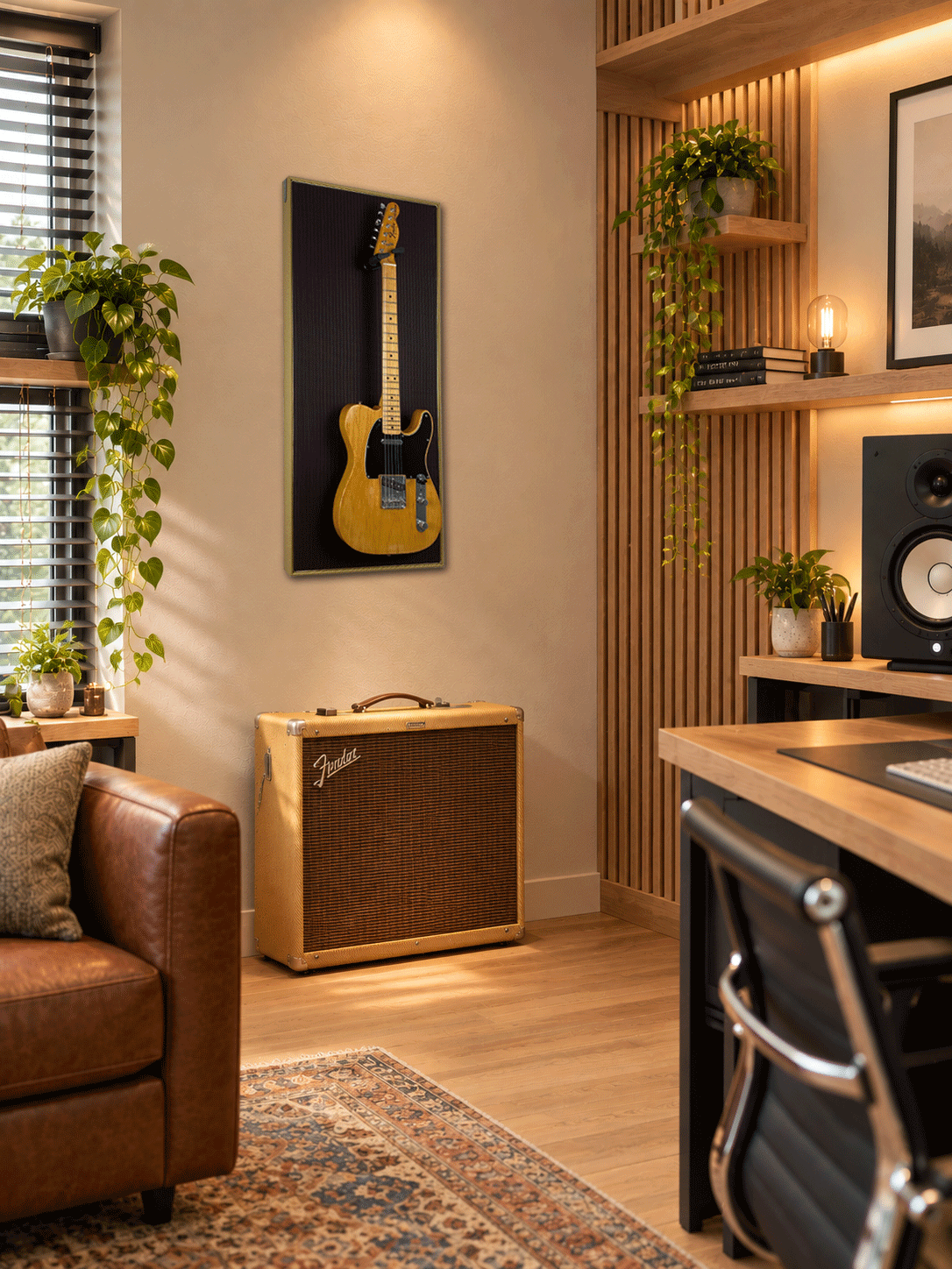 Design akoestische wandpanelen met geïntegreerde gitaarhaak Akoestisch paneel met gitaar in woonkamer