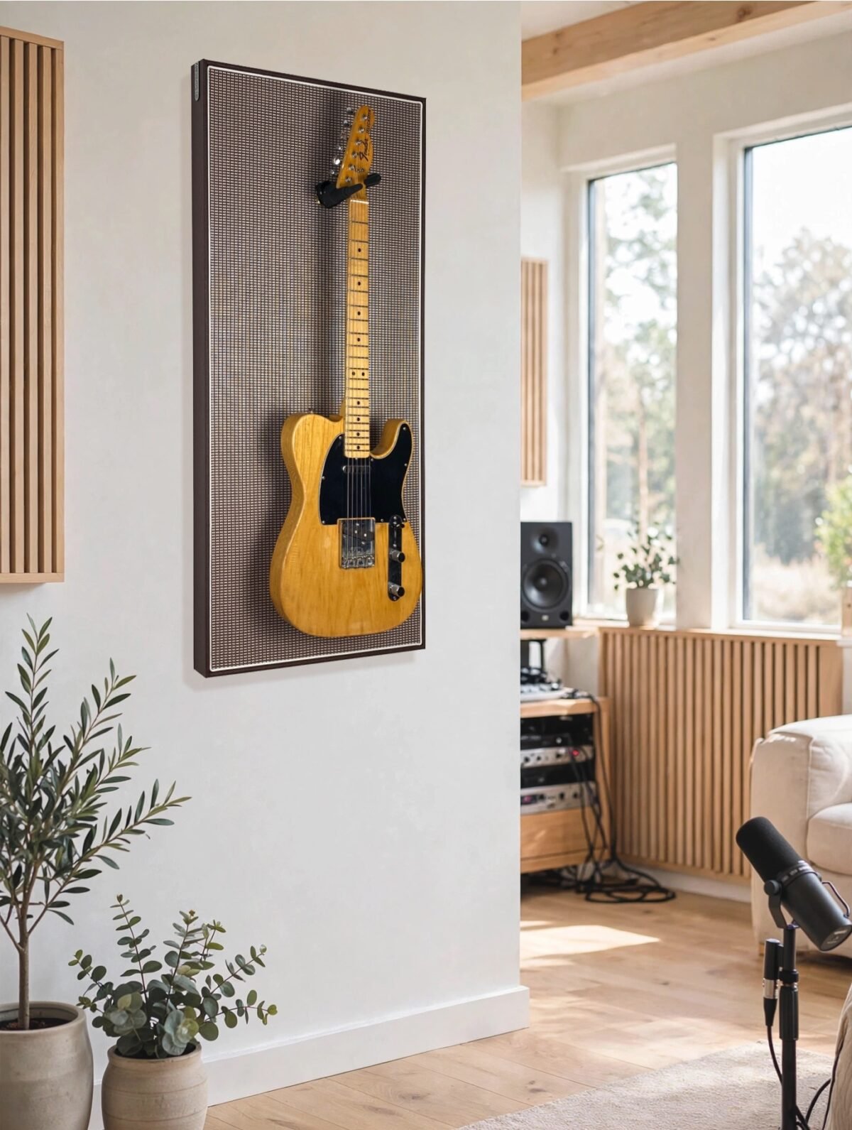 Akoestisch paneel aan muur met gitaar aan haak