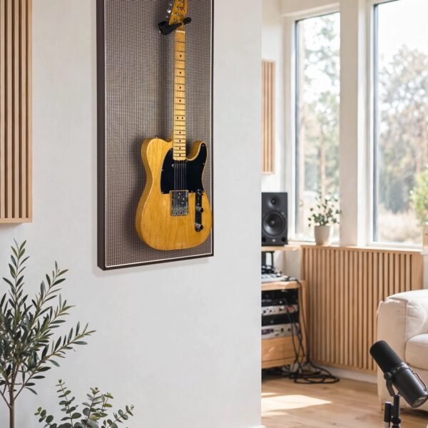 Akoestisch paneel aan muur met gitaar aan haak