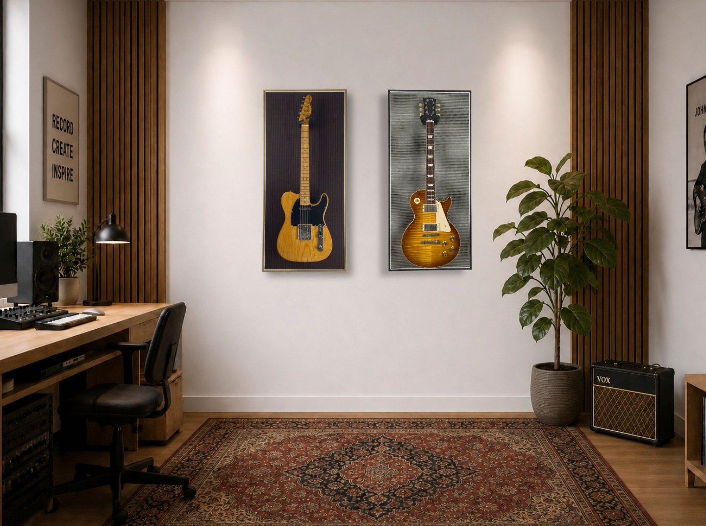 sonicely studio room gitaren met paneel aan de muur